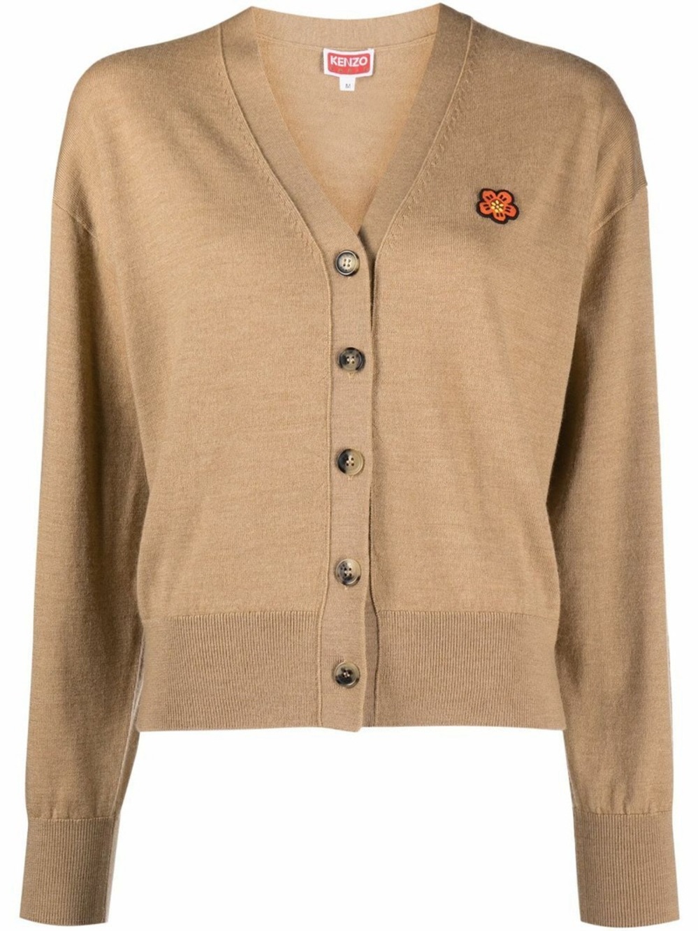 Kenzo Camel Button-Up V-Neck Cardigan with Embroidered Patch size S